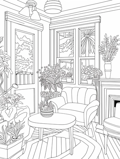An Adult Coloring Book Featuring Fun and Relaxing Interior Home Designs with Beautifully Furnished Rooms and Welcoming Outdoor Spaces, coloring page line art, black and white clipart for coloring page, simple and clean line art, illustration style,