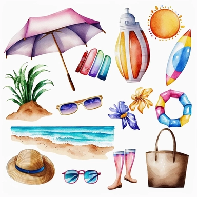 watercolor beach items clipart, white background,
