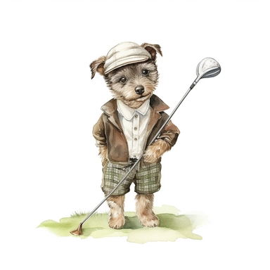 cute puppy wearing vintage golf clothes and playing golf on a golf course on a great sunny day in Florida. Sublimation graphics, by Beatrix Potter, Watercolor clipart, single design, print on demand image, no watermark, PNG transparent background, white background, 8k