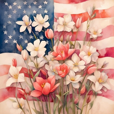 American flag with spring flowers. USA independence day. 4th of July, The illustration should be in the style of dreamy watercolor florals, inspired by the works of artists like Vytautas Kairiukstis, Villagecore, Kathrin Longhurst, and Christian Schloe. The color palette should predominantly feature white and pink, with a touch of flower power. The aspect ratio of the illustration should be 3:2. Be sure to include vintage truck clipart in your design, and dont forget white background, NO BACKGRO