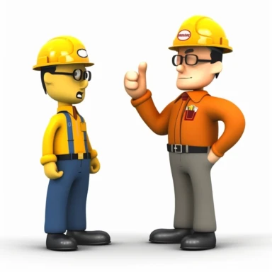On a clean, white background, visualize a worker reporting a safety issue to his supervisor. The worker is pointing towards a potential safety hazard in the workplace, and the supervisor is attentively listening. The style should be clipart-like, with clear lines and bright colors to emphasize the importance of reporting safety issues. The image should be highly detailed and in high-resolution 16k.