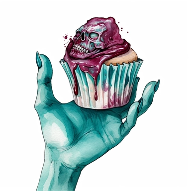 Hand drawn cupcake, teal wrapper, burgundy frosting, zombie hand reaching out of cupcake, shades of teal and burgundy, goth, glamorous, Halloween, very detailed and realistic, watercolor, white background with margins, clipart style