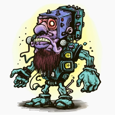 shambling limping dwarven zombie with tesla coils coming out, dark electric aura, Basil Wolverton Josh Kirby Dave Gibbons handpainted enamel punk zine indie retrowave, clipart illustration, solid white background