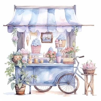 Watercolor wedding icecream blue stand, wedding clipart, simple, soft colors, cartoon elements, watercolor boho style, white transparent