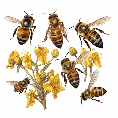 A composition featuring multiple bees in various poses, each with pollen baskets on their hind legs, showcasing a diverse collection of pollen grains and highlighting the diverse pollination efforts of bees. (Digital drawing clipart, image black border color, full body, transparent background)