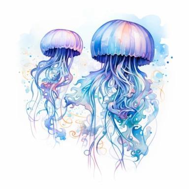 Amidst swirling hues of cerulean and azure, the watercolor jellyfish gracefully glided through an ethereal underwater tapestry, their tentacles trailing behind like elegant brushstrokes in a vibrant aquatic masterpiece. clipart on white background