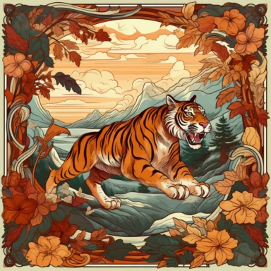 A retro illustration of prowling tiger composition with art nouveau borders, professional clipart, beautiful fall color palette, inspired by sailor jerry tattoos, epic composition on white background, 8k,