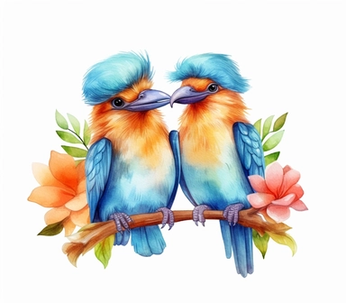 Cute Beautiful couple bird beach Watercolor Sublimation Clipart,Cartoon, hyper realistic, intricate detail, illustration style,high solution,on the white background , 32k resolution, ultra high definition