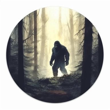 bigfoot in dark woods, painting circular clipart sticker, no mock-up, white background