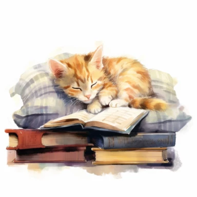 a little cat sleeping on a sofa, surrounded by books, cliparts, sweet and soft pastel colors, watercolor style, no background