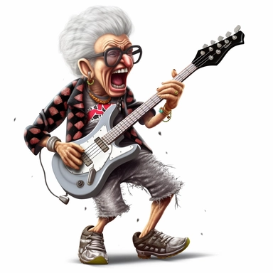 A granny dressed as a rock star clipart, rocking out on an electric guitar while her dentures fly out of her mouth, Highly Detailed, Well Rendered, illustration