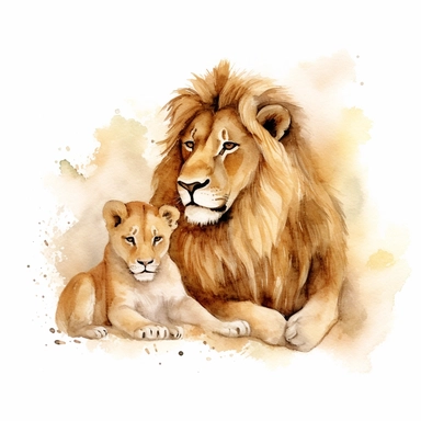 watercolour clipart, loin and baby lion, rich earth tones, sublimations