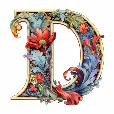 Art Nouveau illuminated initial, letter D , Clipart Bundle Mystical Illustration Fantasy Novel Clipart Magic, D, white background, png, Fourthletter of english alphabet