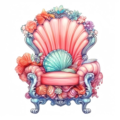 Pastel Cute Beautiful Fairy Chair Coral seashell Sublimation Clipart,Cartoon, hyper realistic, intricate detail, illustration style,high solution,on the white background