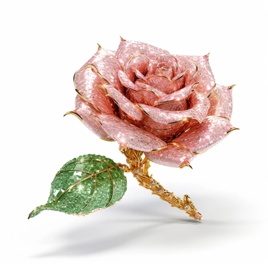 clipart of a realistic rendering of a pink rose made out of pure diamond and emerald on a white background, in the style of extremely detailed, mineral, expensive, 8k