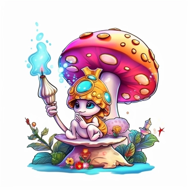 whimsical, cute, cartoon, clipart, caterpillar smoking a hookah sitting on a magic mushroom, sticker