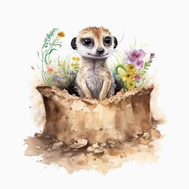 cute, watercolor, hyperrealistic, meerkat and his burrow, intricate detail, nursery clipart, white backgroud, png