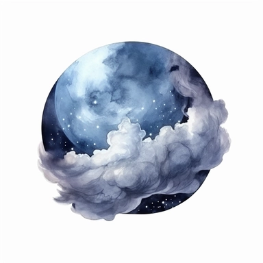 watercolor style, Ominous moonlit sky: An illustration of a night sky with a full moon, stars, and dark clouds, creating a spooky atmosphere. clipart, isolated on white background, 4K