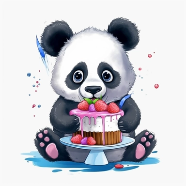 cute cartoon panda with birthday cake illustration clipart, detailed, outline, white background, 4k, digital art, watercolor
