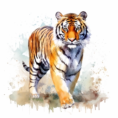 watercolor illustration of a beautiful and cute Tiger in nature clipart, in the style of realistic watercolor paintings, realistic, detailed, bright colours, white background, clipart, detailed