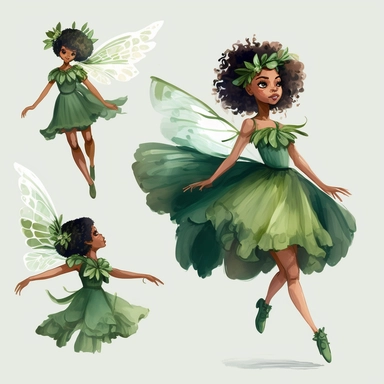 cute mixed race fairy girl flying toward the camera, watercolor clipart green dress, multiple poses, character model, realistic, tyra banks - - ar 3 : 2 - - 4b