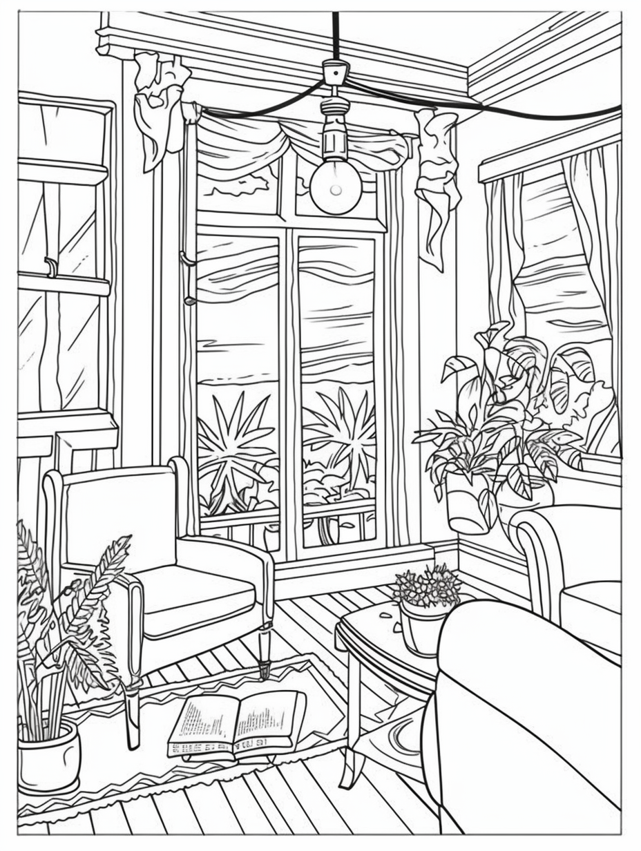 An Adult Coloring Book Featuring Fun and Relaxing Interior Home Designs ...