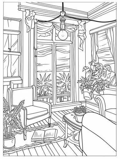 An Adult Coloring Book Featuring Fun and Relaxing Interior Home Designs with Beautifully Furnished Rooms and Welcoming Outdoor Spaces, coloring page line art, black and white clipart for coloring page, simple and clean line art, illustration style,