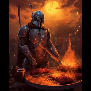the dad Mandalorian barbecuing A lot of meat with his flamethrower, on old charcoal grill, Clipart, digital sublimation graphics