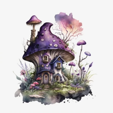 bright realistic Magical Mushroom House, lavander watercolor colors clipart style, on white background, 32k, full high definition, ultra clear image, ultra fine lines, hyper-realistic detail, whole imagine with thick black outline