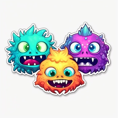 3 stickers with white background and border, emoji clipart as cute monsters, high res, iridescent, some bioluminescent, sfumato technique