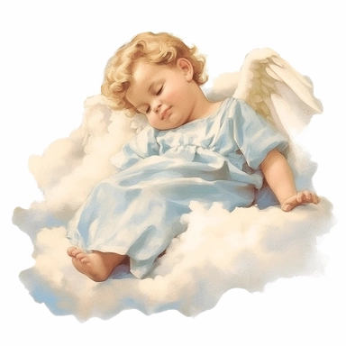 vintage adorable little baby angel sleeping on a cloud, full body, pastel beige colors, clipart style, accurate details, oil painting technique, super high quality, professional watercolor clipart, high resolution