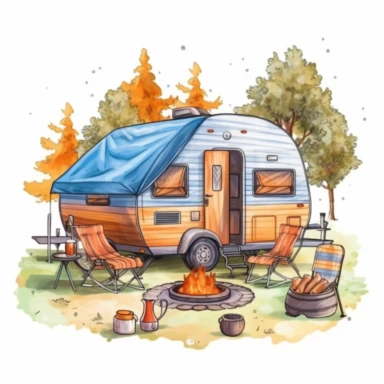 camping style cute caravan in the campground with watercolor effect,sunrise view,camping tools,camping chairs and table,caravan pengola,forest landscape,suitable for digital clipart,white background Clipart ,Cartoon,hyper realistic, intricate detail, illustration style,high solution,on the white background