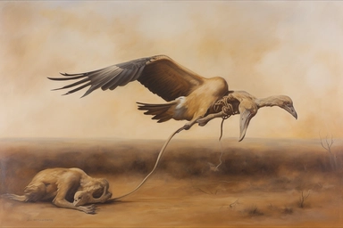 A Surrealist art style of how a large bird representing freedom feels to the dream defferred like Clipping the wings of a smaller flightless birds with damage. add mulicultural influences