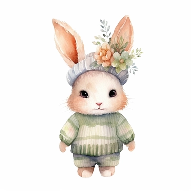 cute watercolor baby bunny clipart wearing a sweater and shorts and hat, white background, botanical, cute, hd