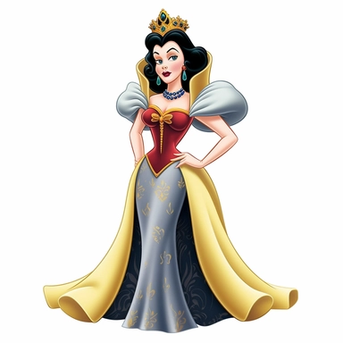FULL-BODY PERSPECTIVE OF A 2D DISNEY CLIPART ILLUSTRATION OF A BEAUTIFUL AND BENEVOLENT QUEEN, WHITE BACKGROUND, STYLE OF DISNEY'S 1937 MOVIE SNOW WHITE, WHITE BACKGROUND