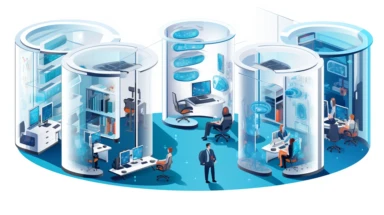 3d diagram of how technology works in a futuristic office, flat vector clipart with white background.