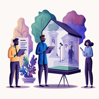 Clipart with white background of 3 appraisers (2 men and one woman) wearing professional attire with magnifying glasses and clipboards. They are appraising a house, a table with a lamp on it, a painting, and a sculpture, colored dark blue, grey, and violet, colors are relatively faded, relatively modern design, ux, ui, ux/ui v4