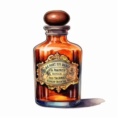 watercolor, hyper realistic, white background, white margins, 16k, ultra detailed clipart, cut out image, hand-drawn a classic apothecary bottle with a glass stopper, labeled with intricate typography and adorned with a label or seal. Use a warm and rich color scheme inspired by vintage medicine bottles, with shades of deep amber, antique brown, and subtle hints of gold.
