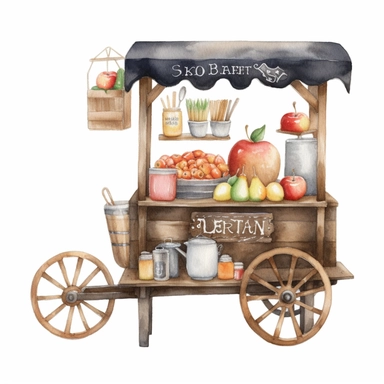 create a beatiful highly deatailed and saturated disney style watercolor clipart image of an old fashion wooden bakery cart selling apple juice and hot apple cider, with a small decorative wooden chalkboard sign, white background, no text, no font