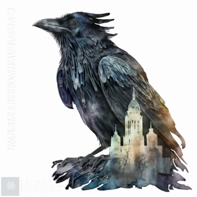 Watercolor Gothic Raven on building ledge clipart, double exposure, white background,