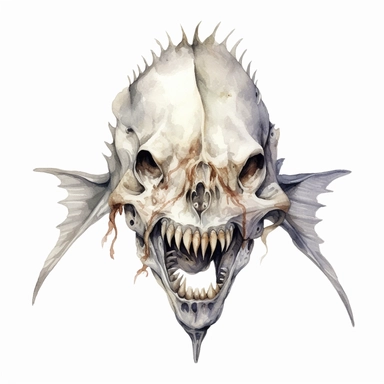 scary face of a demonic fish skull looking head on, watercolor, ultra high-detail, dark outlines, hyperrealism, white background, clipart