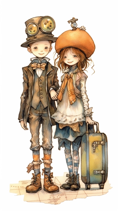 watercolor steampunk girl entire body and steampunk boy entire body with a steampunk suitcase by her side and holding a cute steampunk doll in her arms, illustration clipart by holly hobbie and mary engelbreit