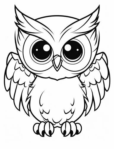 clipart cartoon friendly flying owl in the style of Pierre-Auguste Renior black and white child's coloring book, black and white smooth thick lines, solid white background, no background