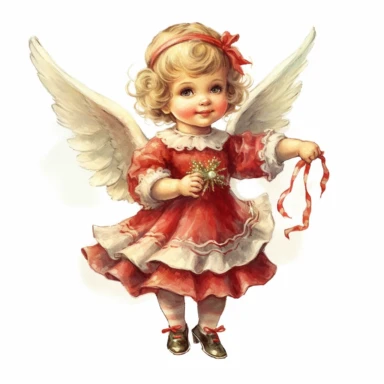 A little girl in a red dress holding a red ribbon.