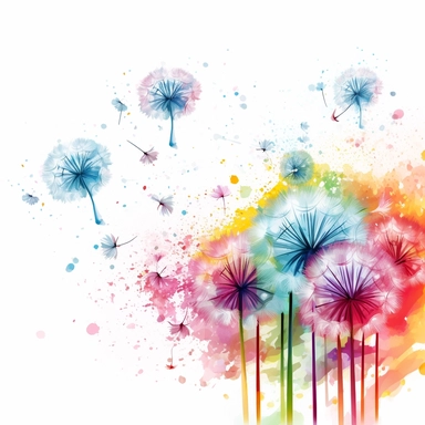 full head dandelions blowing in the wind. Paint Splashes on white background. Pink, purple, yellow, turquoise, green. Clipart
