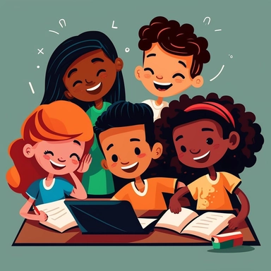 clipart of students working together and learning, smiling