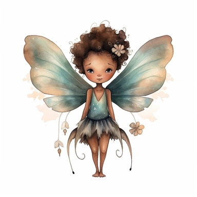 claudia tremblay style watercolor clipart high detail little chubby dark skinned watercolor fairy with beautiful wings on their back, pointy ears and soft colors
