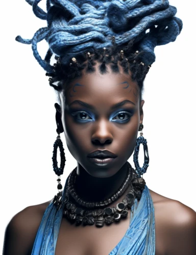 hasselblad 24 mm three quarters shot of a gorgeous african american woman with blue eyes, clipart, Composition: Relaxed position with intricate high hairstyle, smiling, detailed natural skin, Style: Nu-Goth, white background, hyperrealism, 32k