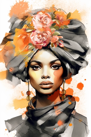 Portrait afro girl woman wears bandana for curly hairstyles. melanin skin. Shenbolen Ankara Headwrap Women. Afro Traditional Headtie Scarf Turban in tribal zebra fabric design texture watercolor clipart. pink indigo and orange. gold details on black background watercolor texture. white flowers.