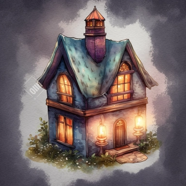 a Candle House watercolor Clipart sublimation clipart graphic, full body, clipart, sticker, a single picture, cartoon style, highly detailed, 8k, one image in the frame--no text in the picture--